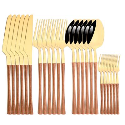 24Pcs Stainless Steel Wood Grain Marble Texture Handle Dinnerware Sets With Fruit Fork Western Tableware Dinner Knife Fork Spoon Silverware Set