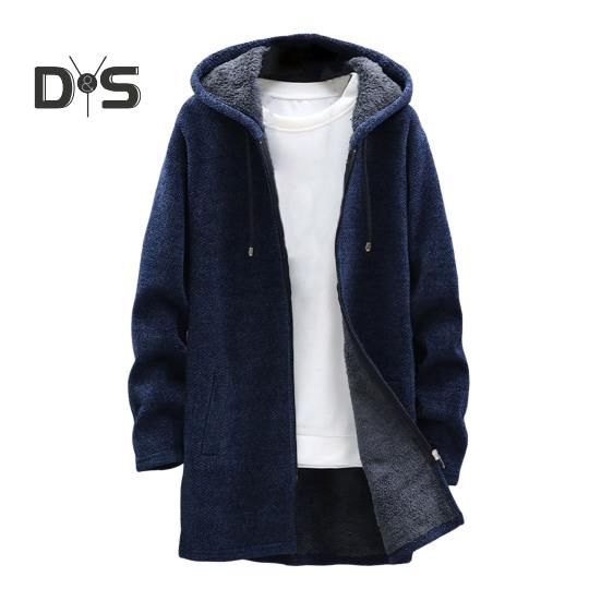 

Мужское зимнее пальто с капюшоном, длинными рукавами, плюшевой подкладкой, трикотажное пальто средней длины, застежка-молния, утолщенный трикотаж M темно-синий