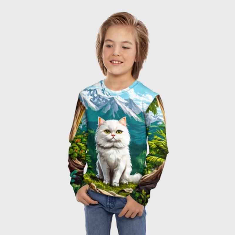 Children's Cartoon Animal Kitten Print Multi-color Print T-shirts Boys Cute Long Sleeved Soft Comfortable Top
