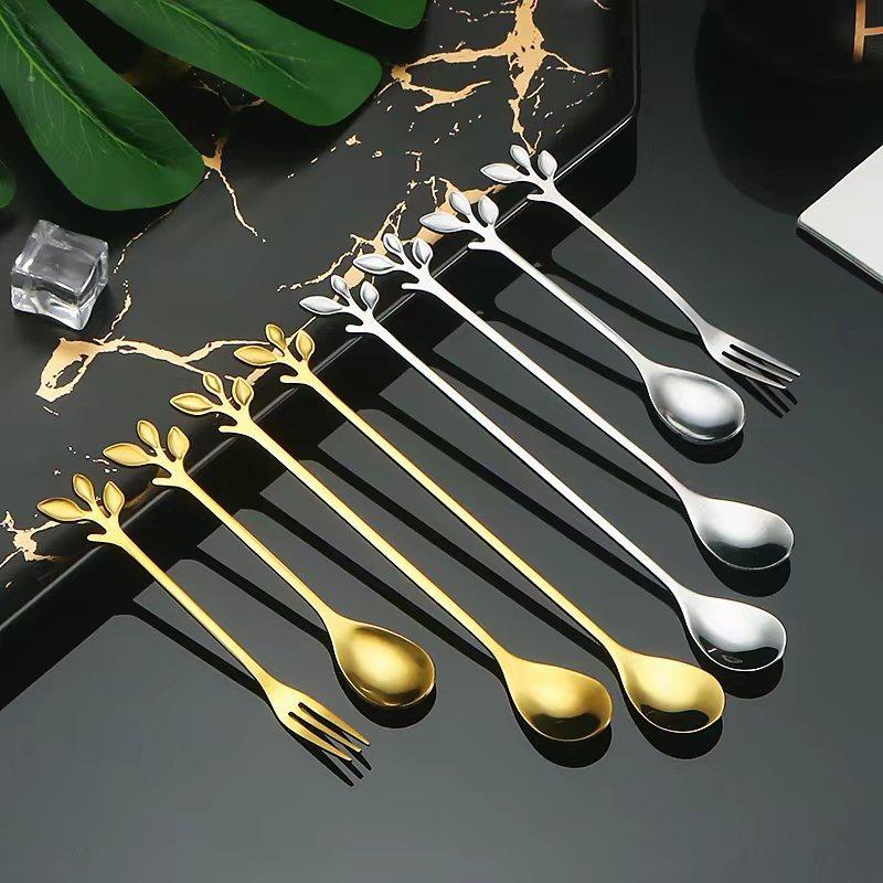10/20pcs Stainless Steel Leaf Spoon Creative Leaf Coffee Spoon Dessert Spoon Bird's Nest Spoon Cake Fork Fruit Fork