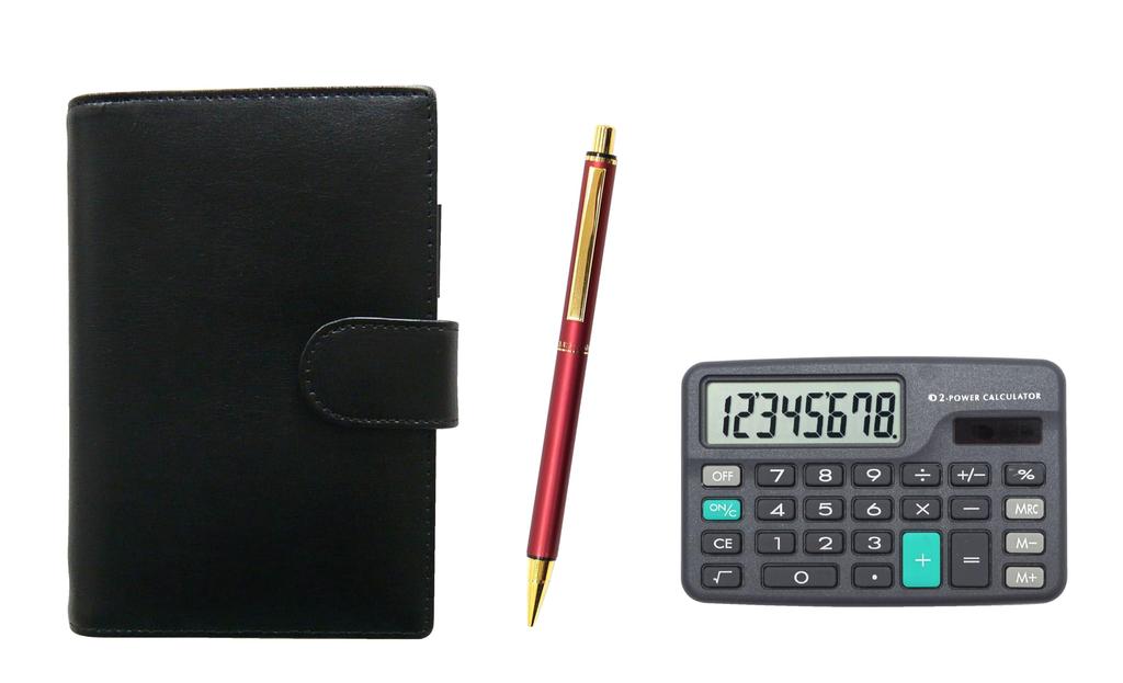B7 cowhide mini system notebook with mini NQ25 standard size metal straight double anodized ring mechanical pencil Eco-friendly calculator, black,