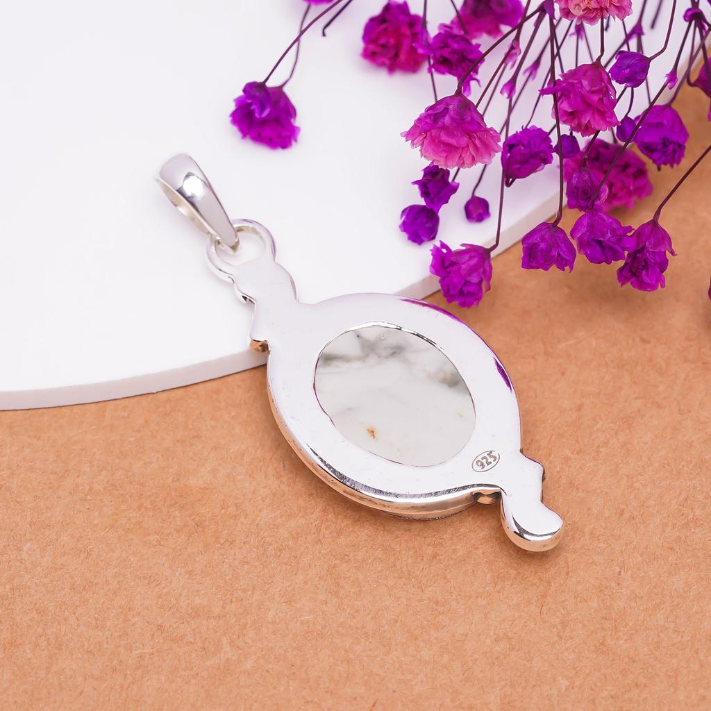 Natural White Howlite - United States 925 Sterling Silver Pendant V7715, White Pendant, Oval Pendant, Valentin's Day Gift, Gift For Her, Birthday Gift