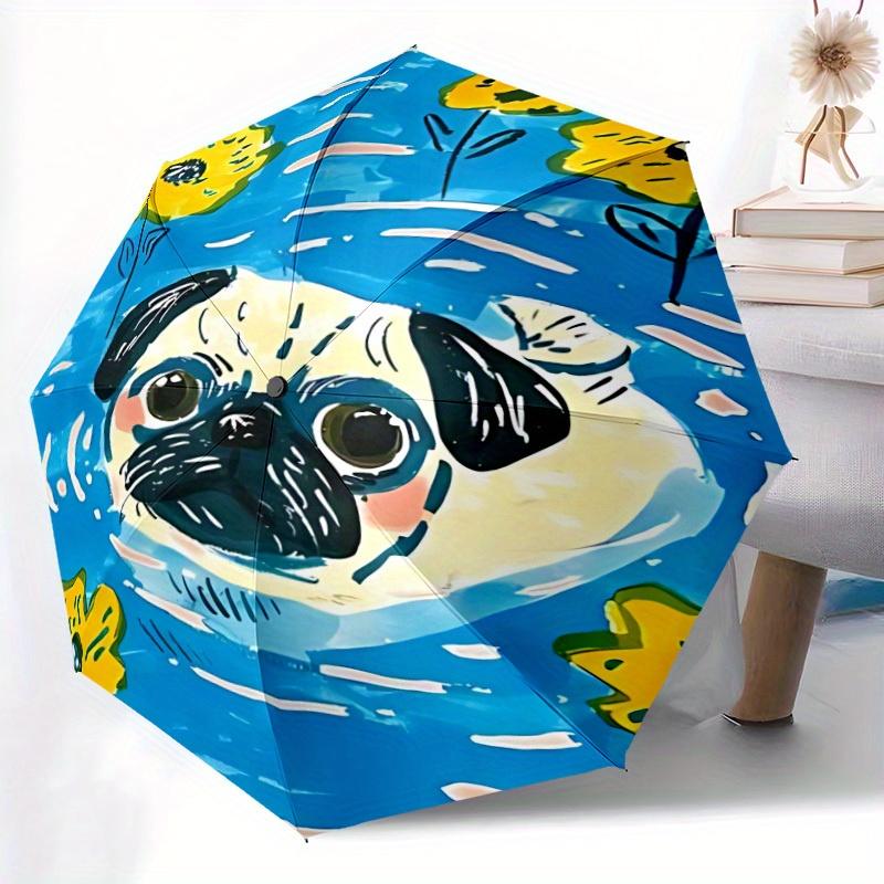 1pc Pug Flowers Automatic Folding Umbrella Portable Collapsible Design, 8-Rib Iron Frame, Durable Fabric, All-Season Casual Outdoor Accessor