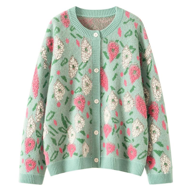 Lazy Wind Loose And Thin Towel Embroidered Sweater Jacket For Women'S Autumn And Winter New Flower Round Neck Knitted Thickened Cardigan For Women