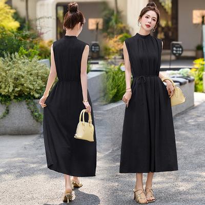 Stand-up Collar Cotton and Linen Dress Summer Dress New Women's Long Waist Casual Linen Sleeveless Long Skirt