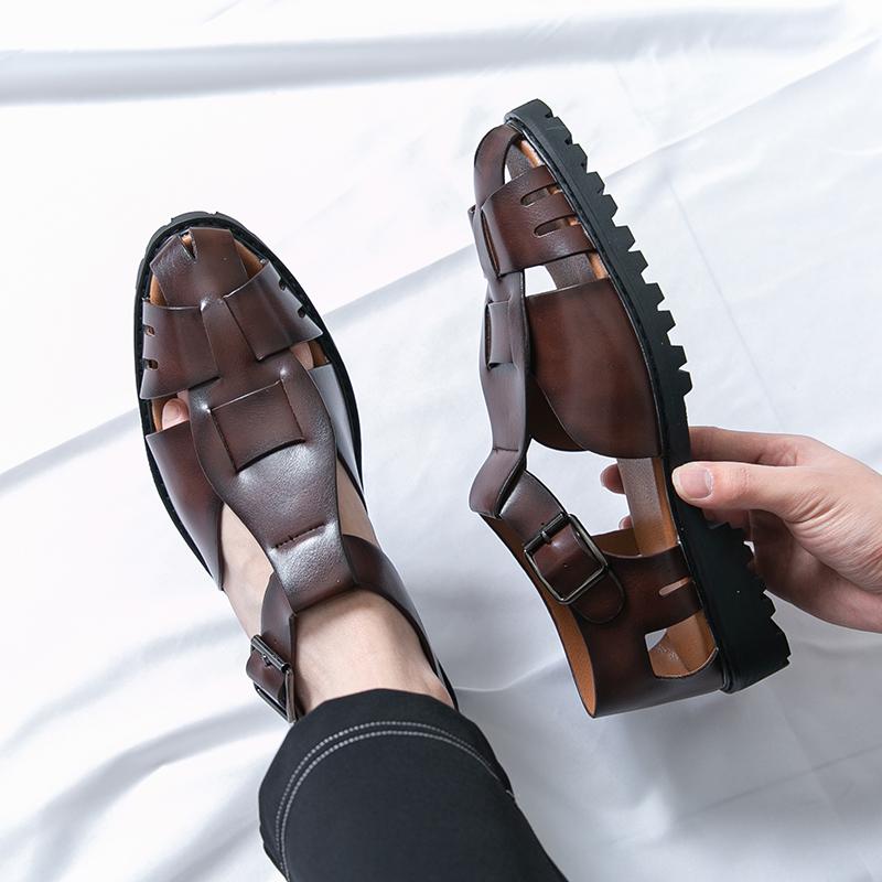 Golden High-quality Design Men Hollow Breathable Handmade Non Slip Casual Sandals Comfortable Pointed Large Size Shoes