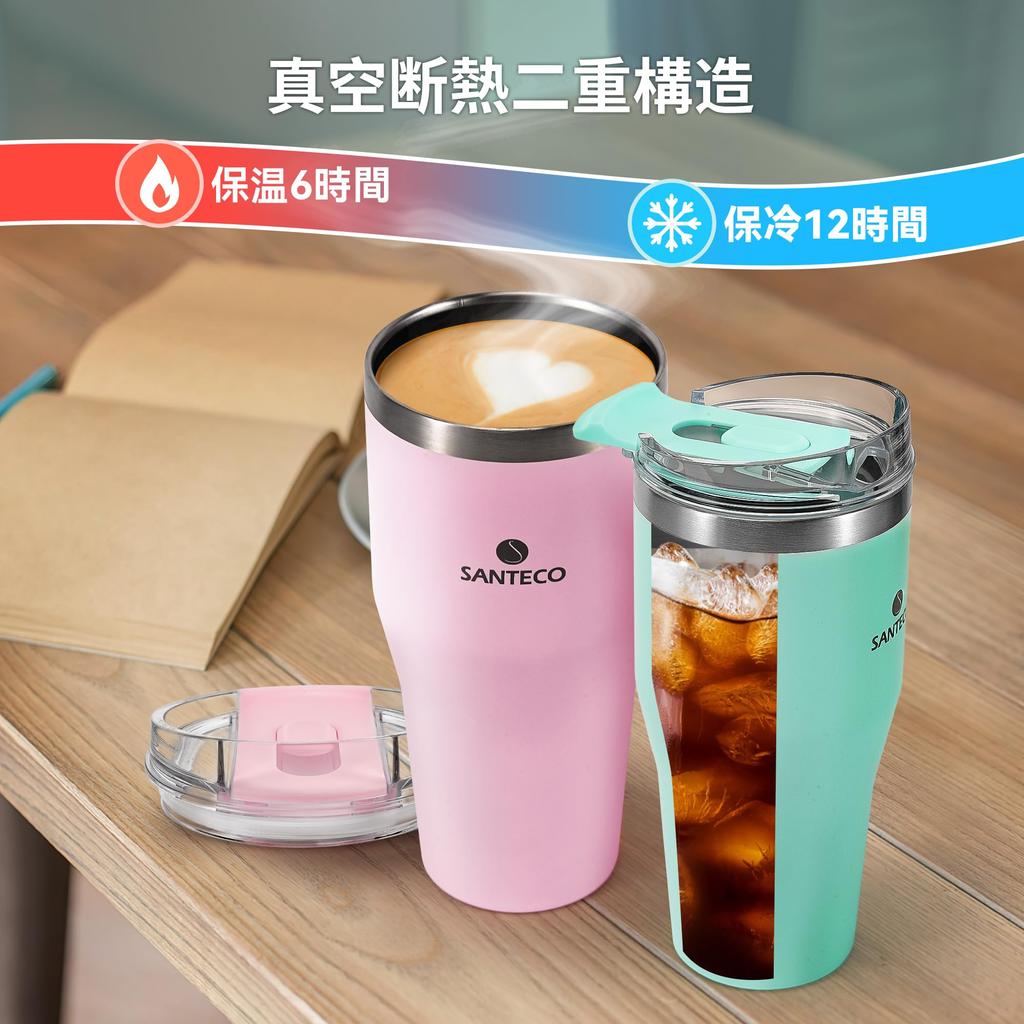 SANTECO ESCAPE with Lid and Large Keeps Drinks Hot or Stainless Vacuum Wide Mouth Green Tumbler, 590ml, Straw, Capacity, Cold, Stylish, 18/8 Steel,