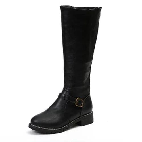Women Leather Knee High Boots Women's Buckle Long Knight Boots Female Combat Boots Women Low Heels Shoes Plus Size 43