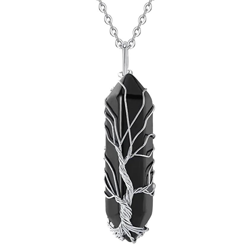 Collier pendentif pyramidale dorée en corde tressée améthyste œil de tigre printemps 2023 pour femmes