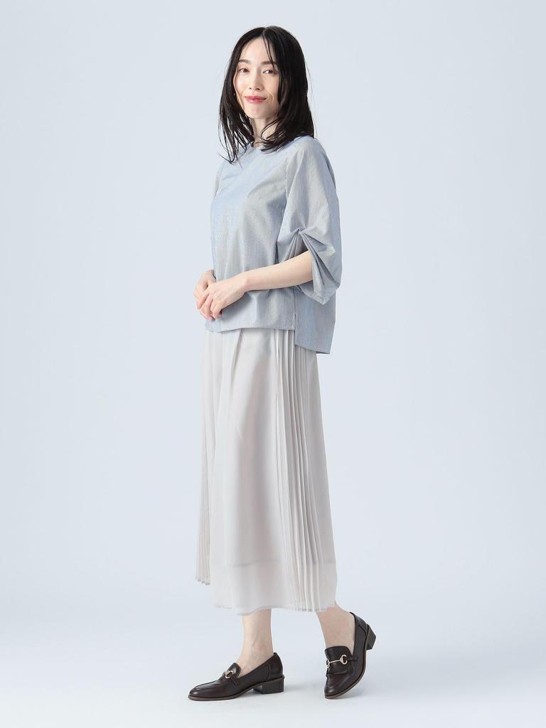 Beams Heart Stripe Blouse with Voluminous One Size Women's S/S Sleeves,