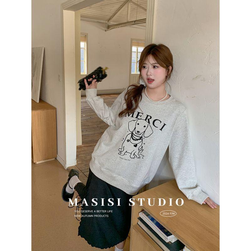 Maxi Chubby plus Size Print round Neck Long Sleeves Sweatshirt Women's Autumn Plus Size Ladies Loose Slim Looking Casual Hooded Top