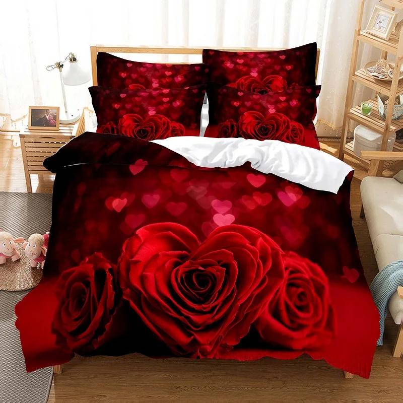 Comforter Red Rose Twin King Size Romantic Floral Bedding Set Flower Comforter With 2 For Valentine'S Day