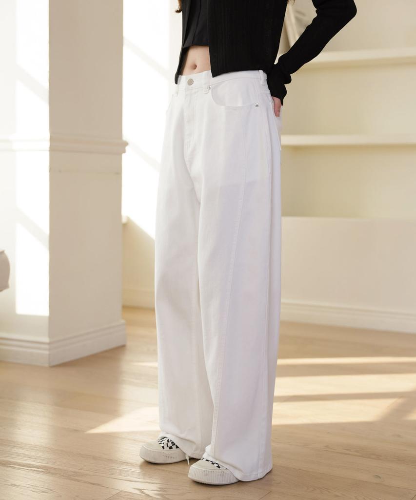 Jikeulib White Curved Cut-Line Wide Cotton Pants