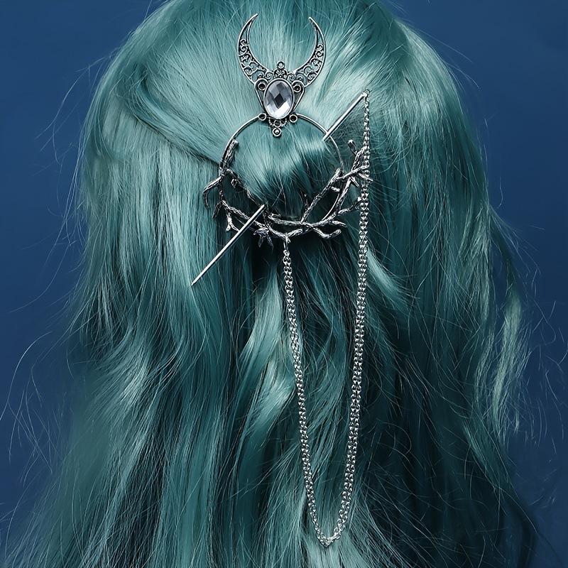 Unique Witch Hair Stick Crescent Branch Viking Rhinestone Beautiful Polka Dot Accessory Girls Vintage Chopstick Jewelry