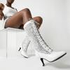 2026 New Big Size 47 Elegant White Lace Mesh Summer Boots Women Black Pointy Toe Thin High Heels Lace-up Mid-calf Boots Shoes