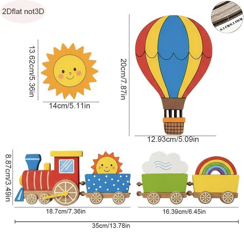 Cute Cartoon Train & Rainbow Wall Decor, Wooden Hanging Art for Kids Room