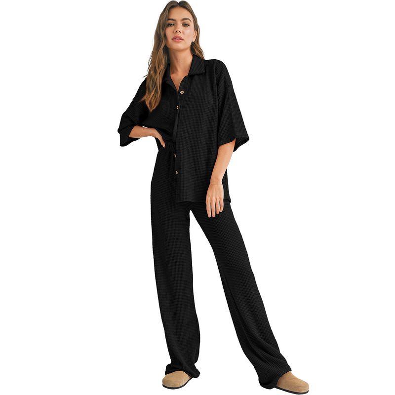 

American Shiying Comfortable Fashion Home Set Women 2025 Summer New Short sleeve Shirts Trousers Two-piece Set Black P2 Size XL fit (70.00 kg-75.00 kg