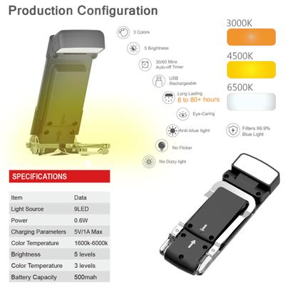 Lampada da lettura a LED con luce da libro, 3 temperature di colore, dimmerabile, adatta alla vista, senza sfarfallio, super luminosa, ricaricabile tramite USB, lampada con clip