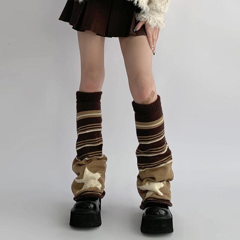 Black Gray Stripe Star Sock Leg Warmers Women Knit Stacked Socks Wide Leg JK Student Calf Sleeves