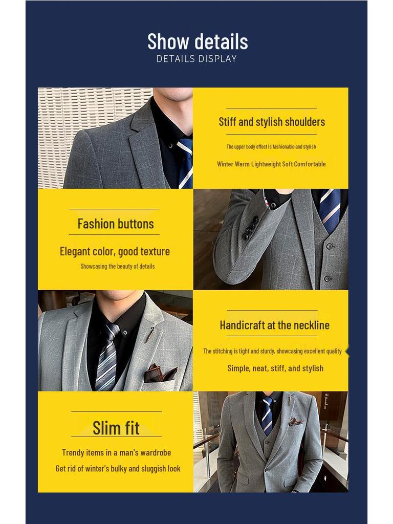 Men's Three-Piece Slim Fit Business Suit - Korean Style Blazer for Weddings and Formal Events