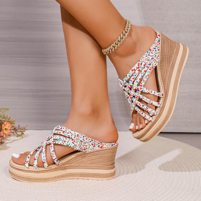 Fashion Wedge Slippers Summer New Round Head Open Toe Print Thin Belt Waterproof Platform Soft Sole Anti-slip Wear-resistant High Heels