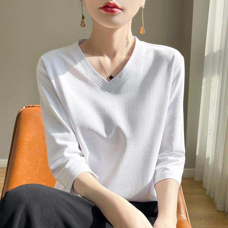 Spring Summer Cotton V-neck T-shirt Short-Sleeved Women's Half-Sleeve Bottoming Shirt High-End Cropped Sleeve Top
