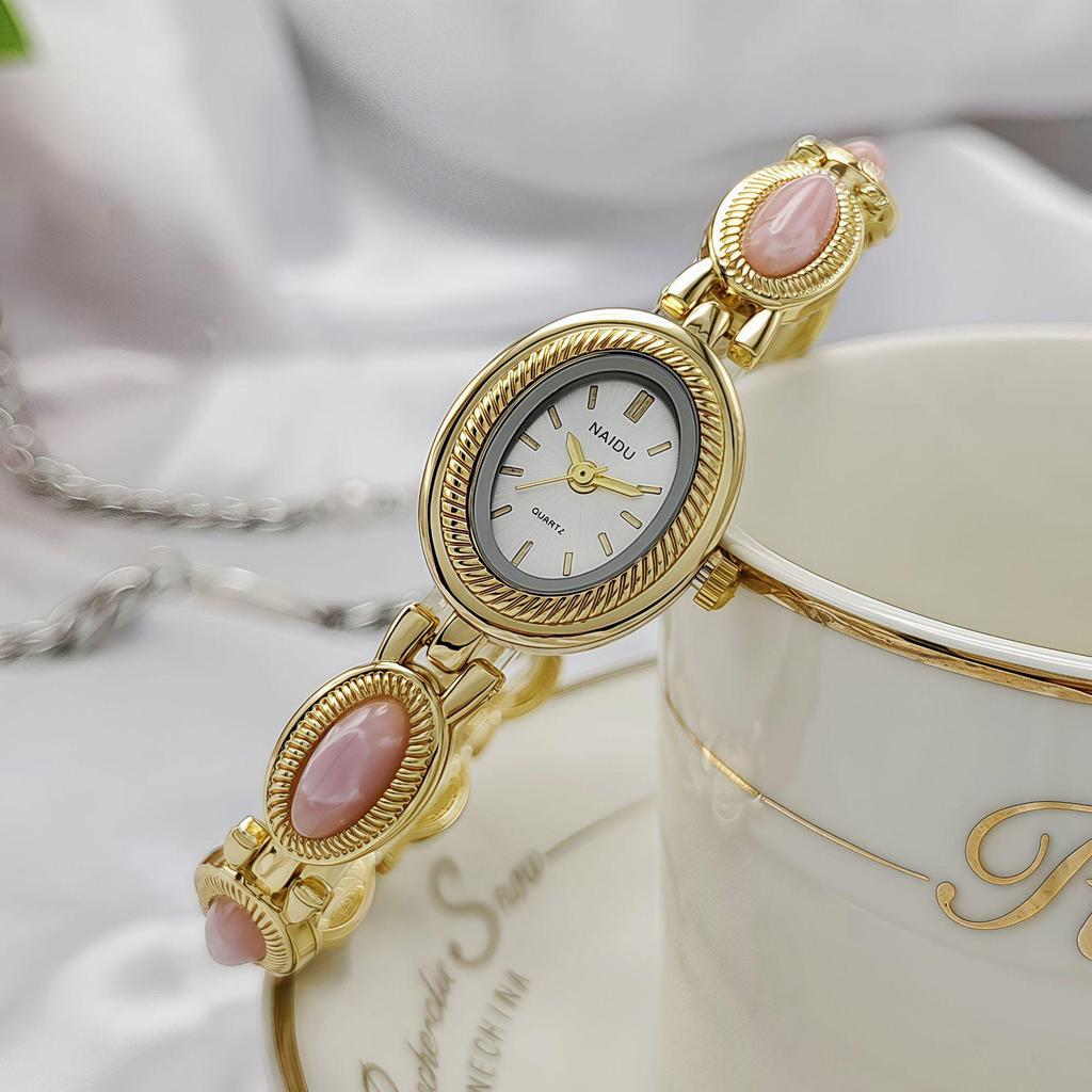 Korean Style Women's Oval Bracelet Watch - Colorful Stone, Versatile, Niche Fashion, Gold, High-End Feel