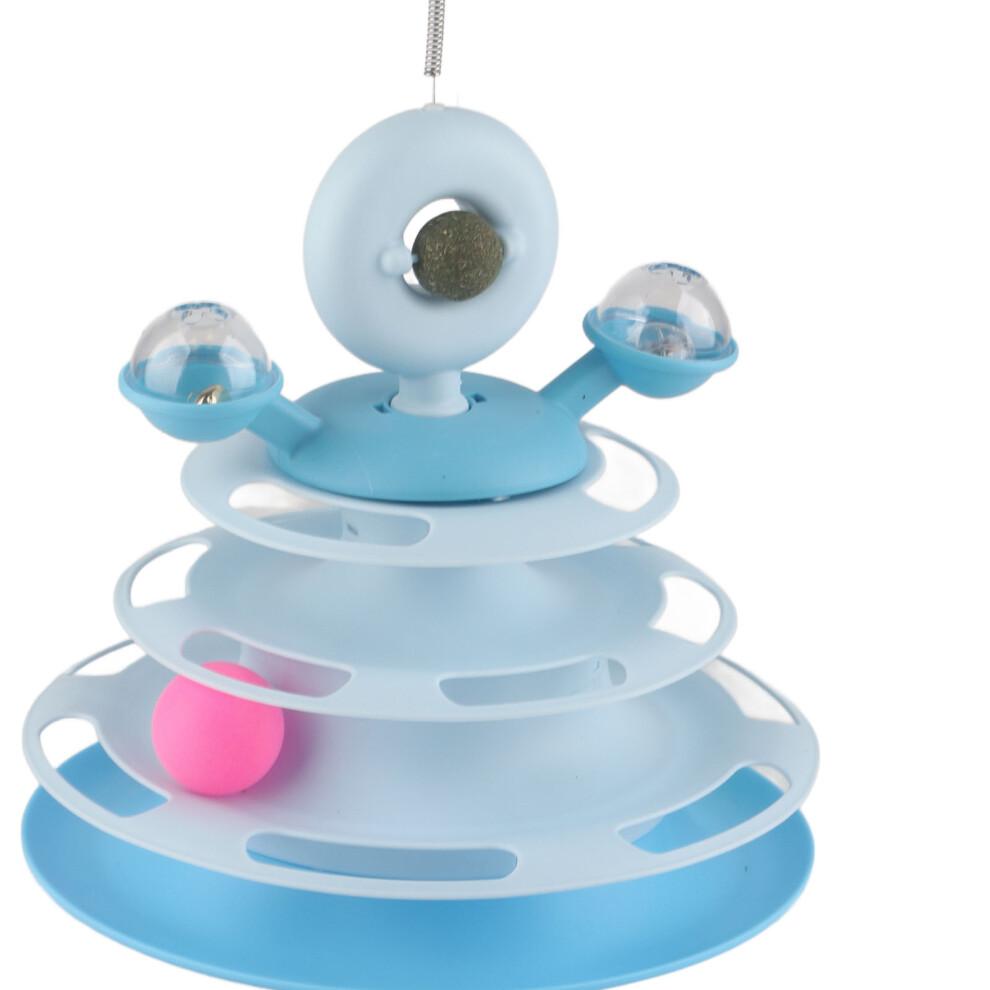 Blue 4-Layer Cat Ball Tower Toy with Feather & Catnip for Exercise