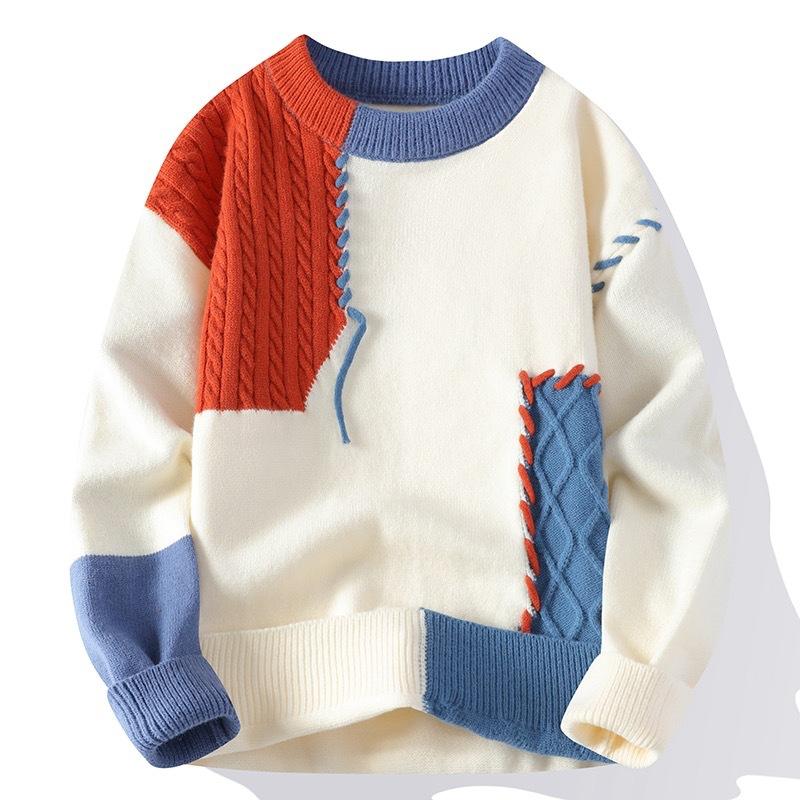 Men's Thermal Sweater Splicing Contrasting Color Teen Student Knitted Bottoming Shirt