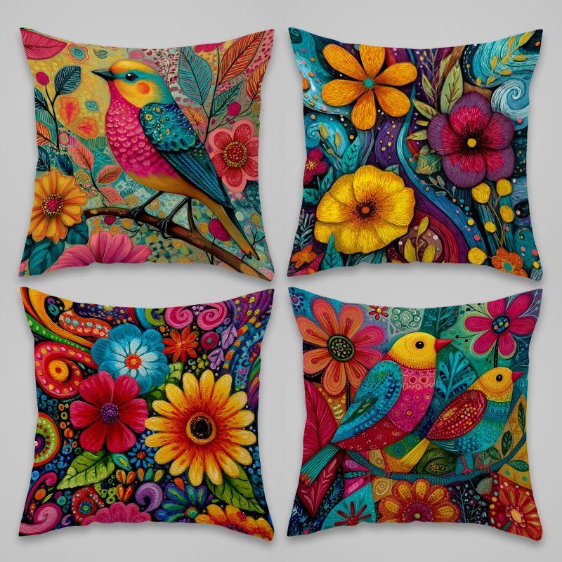 4 Stück bunte Vogel-Blumen-Kissenbezüge Samt-Polyester-Kissenhüllen Boho-Kunst Dekorative Kissen Heimdeko