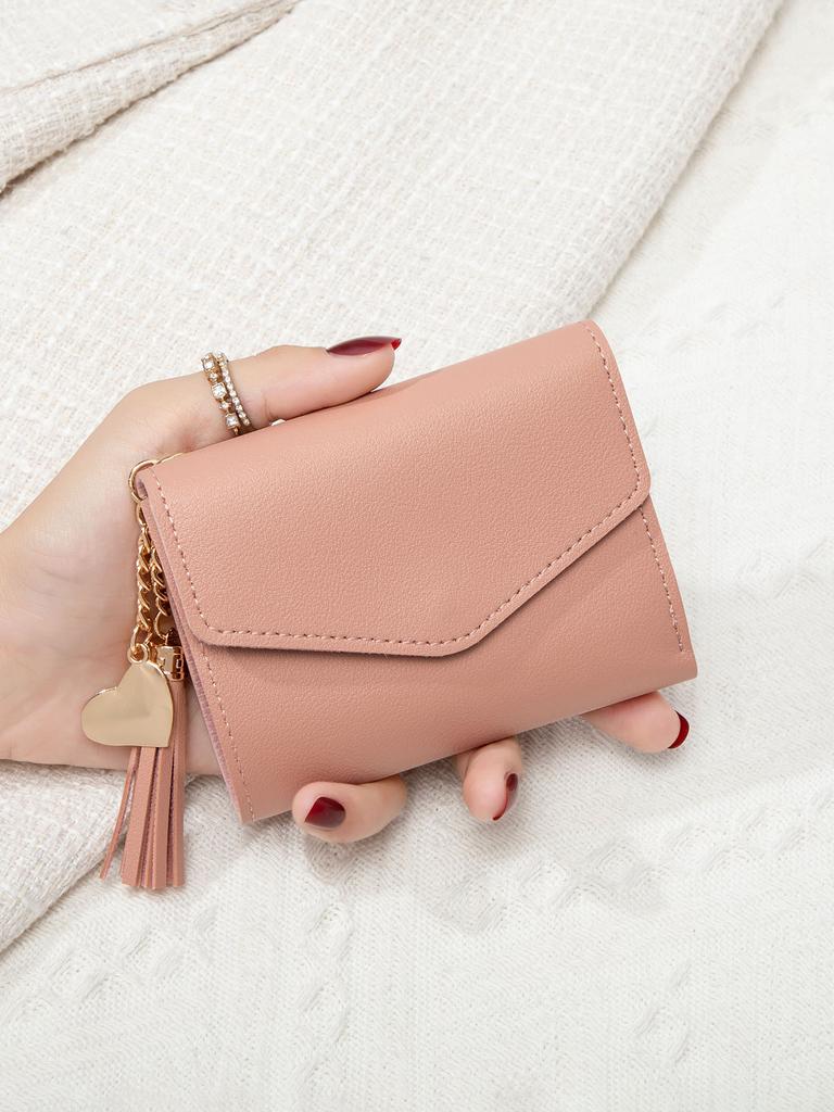 Modische, ultradünne, dreifach gefaltete Handgeldbörse, minimalistischer Kreditkartenhalter, einfarbiger Quastenanhänger, kurze Damenbrieftasche