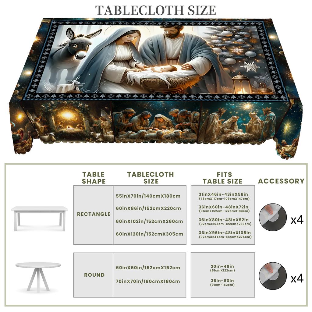 Christmas Vintage Farmhouse Tablecloth with Santa, Reindeer & Xmas Tree Prints. Rectangular & Round Sizes for Xmas/New Year Parties, Kitchen, Indoor &