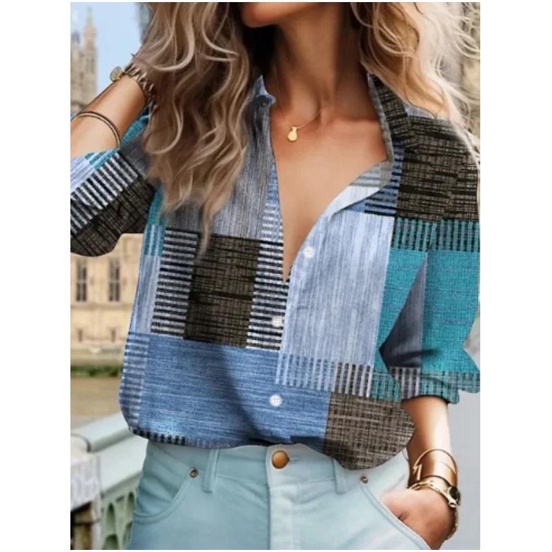 

Spring Summer New Women shirt 3D Grid Fashion Print For Women Loose Long Sleeved Blouse Casual style Women s shirt Tops S