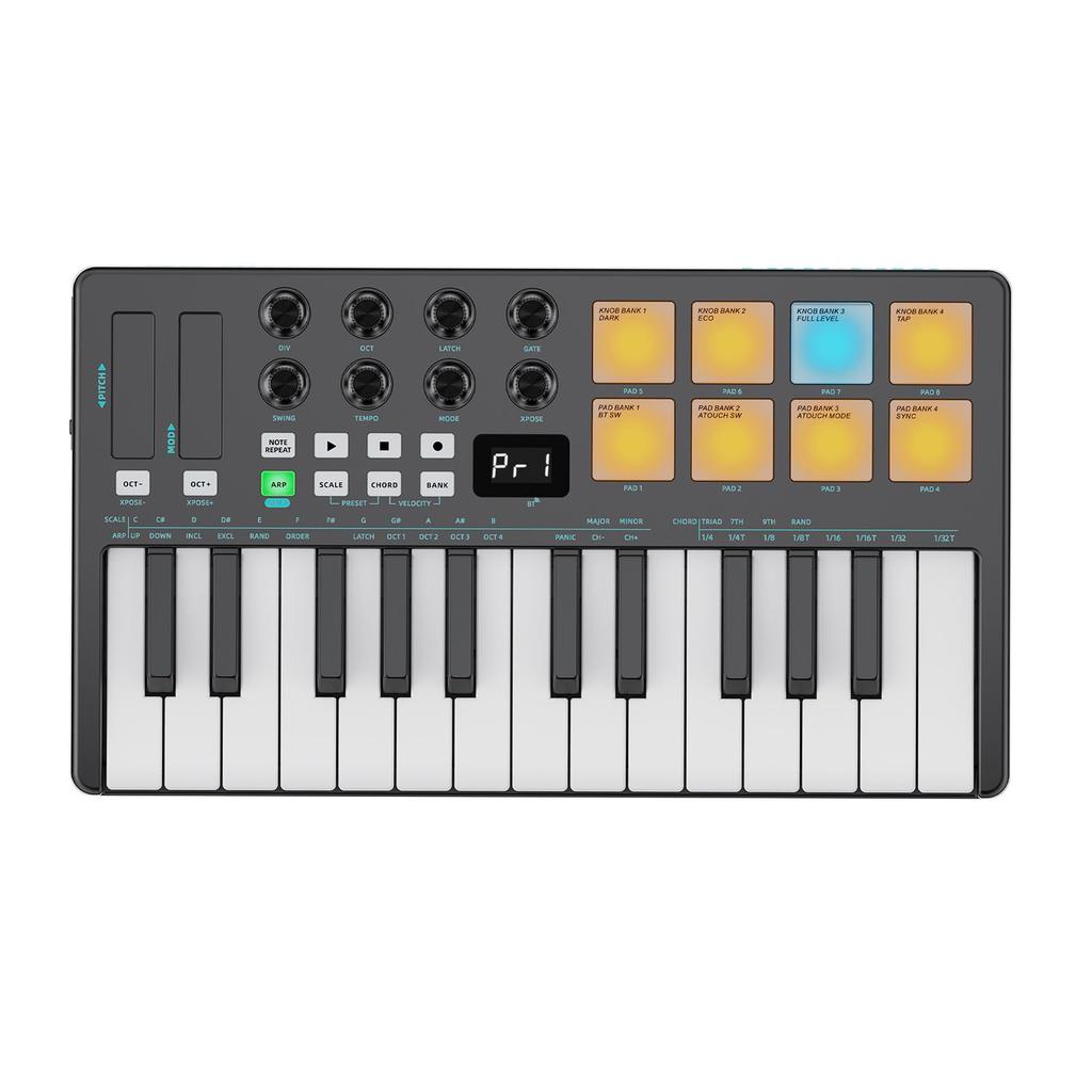 Btuty MIDI Keyboard with 2000mAh 8x4 RGB Multifunctional Mini Welocity Power 8 for Home Performance 25-Key High-Capacity Built-in Battery, Pads,