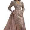 Elegante Abito da Sera Lungo Rosa in Pizzo a Manica Lunga con Scollo a V e Strascico Vita Alta Silhouette da Principessa Eventi Formali