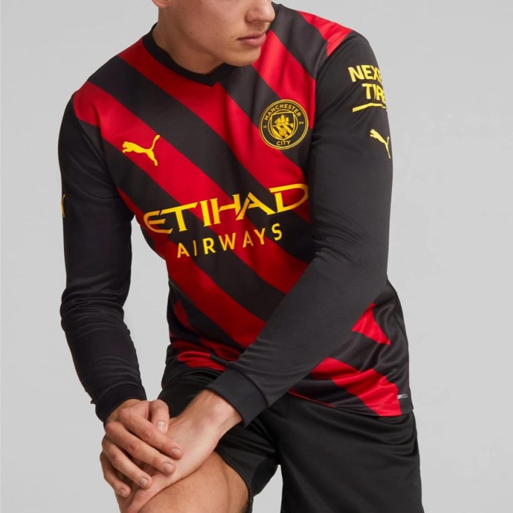 Puma Manchester City 22/23 Replica Long Sleeve Away Shirt Striped Design Men Shirts Black 765723-02