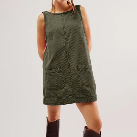 Women Dress with Pockets Sleeveless Oversized A-line Pure Color Backless Above Knee Length Lady Work Party Mini Dress