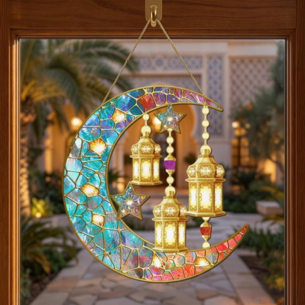 Gold-Tone Moon Hanging Ornament with Lanterns Vibrant Suncatcher