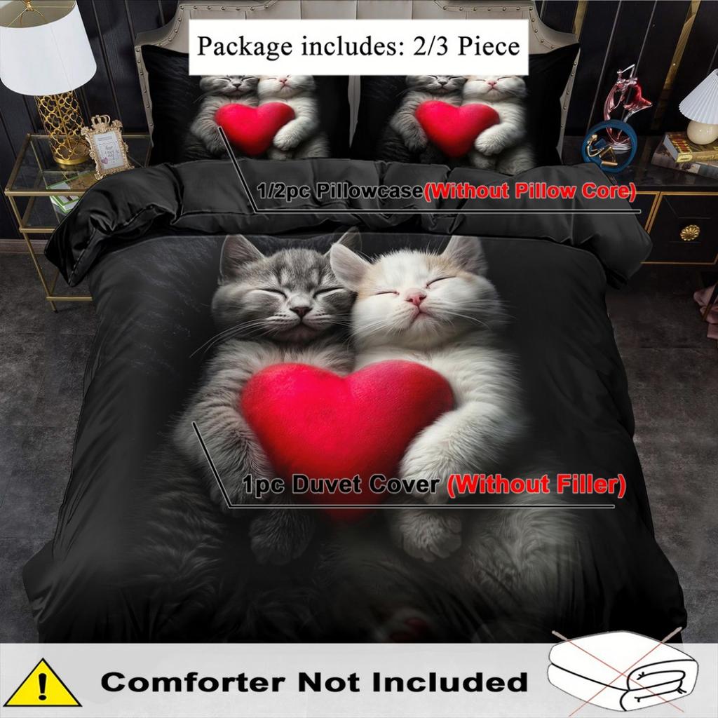 Romantic and Loving Cat 3D Print Bedding Set Breathable Duvet Set Cover King Queen Twin Single Size for Bithday Gift Room Decor