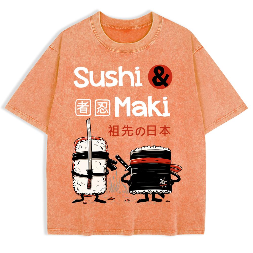 Japan Comics Ninja Sushi Printed Washed T-Shirts Mens Cotton Oversize T Shirt Basic O-Neck Short Sleeve Tops Summer Clothes