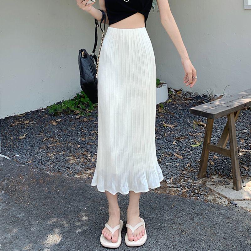 

Женские элегантные юбки-карандаш с высокой талией, эластичные складки, универсальные, для работы, однотонные юбки миди, летняя мода S белый