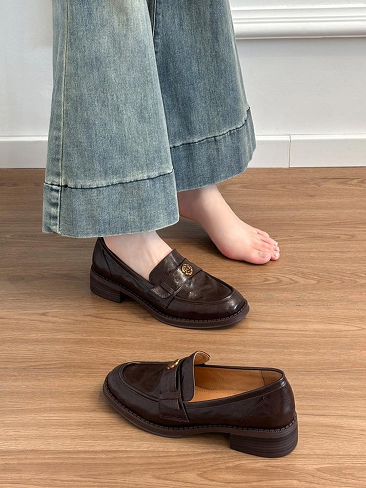 Sheepskin version~ genuine leather new thick-soled camellia one-pedal loafers women's British style retro small leather shoes single shoes