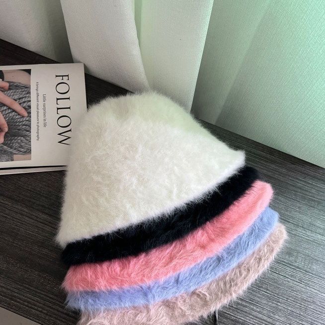 Rabbit hair fisherman hat women's versatile warm water bucket hat autumn and winter show face small basin hat
