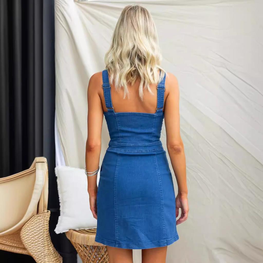 IHUASU Spring Summer Sleeveless U-Neck Casual Slim Denim Sleeveless Dress for Women