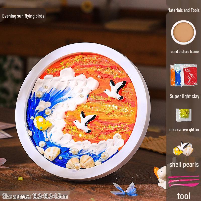 DIY Craft Kit: Textured Painting with Clay, Cream Glue, Round Plate & Photo Frame for Kids' Creative Gifts