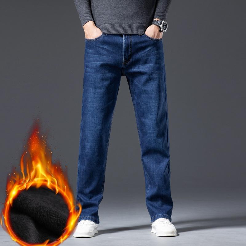 Super silné džíny s plusovým sametem Pánské Zimní Volné Rovné High-end Kalhoty Středního věku Plus Size Zimní Strečové Pánské Kalhoty