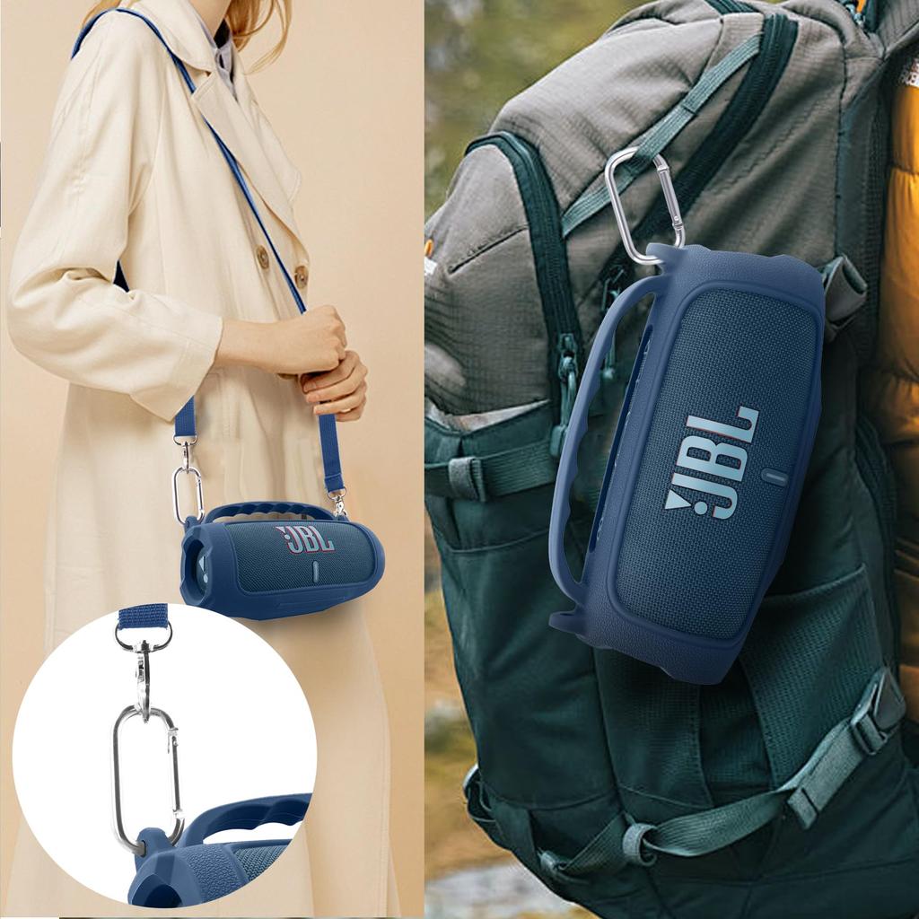 (Nur Fall) Tragbare Silikonhülle für JBL Charge 5 Bluetooth-Lautsprecher mit Schultergurt, Blau - co2CREA