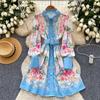 Spring new dress women's French retro lapel long-sleeved single-breasted waist and thin printed A-shaped shirt skirt