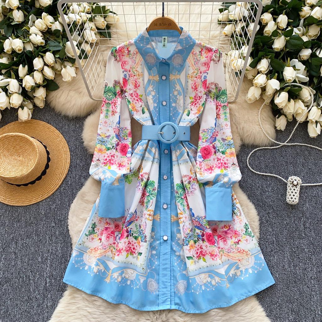Spring new dress women's French retro lapel long-sleeved single-breasted waist and thin printed A-shaped shirt skirt