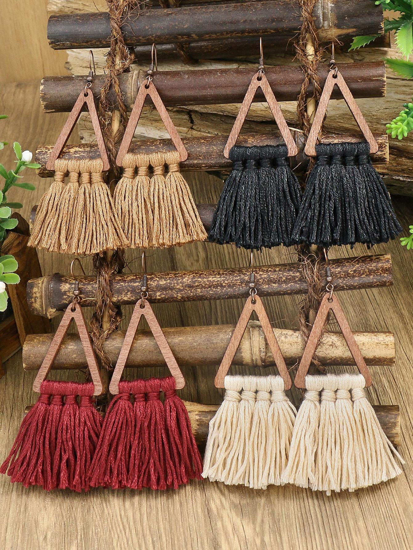 

Этнические Богемные Деревянные Серьги с Кисточками Разных Цветов для Повседневной Носки Женщинами Можно Сочетать с Праздничными Подарками